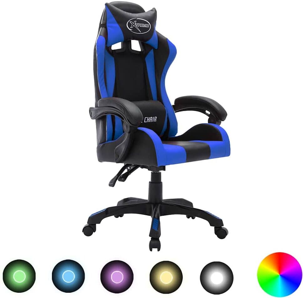 vidaXL Fauteuil de jeux vidéo avec LED RVB Bleu et noir Similicuir