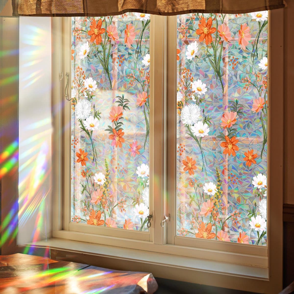 Raamfolie met bloemenpatroon in glas-in-loodstijl, privacyfolie met UV-bescherming, statische hechting, 43 x 100 cm