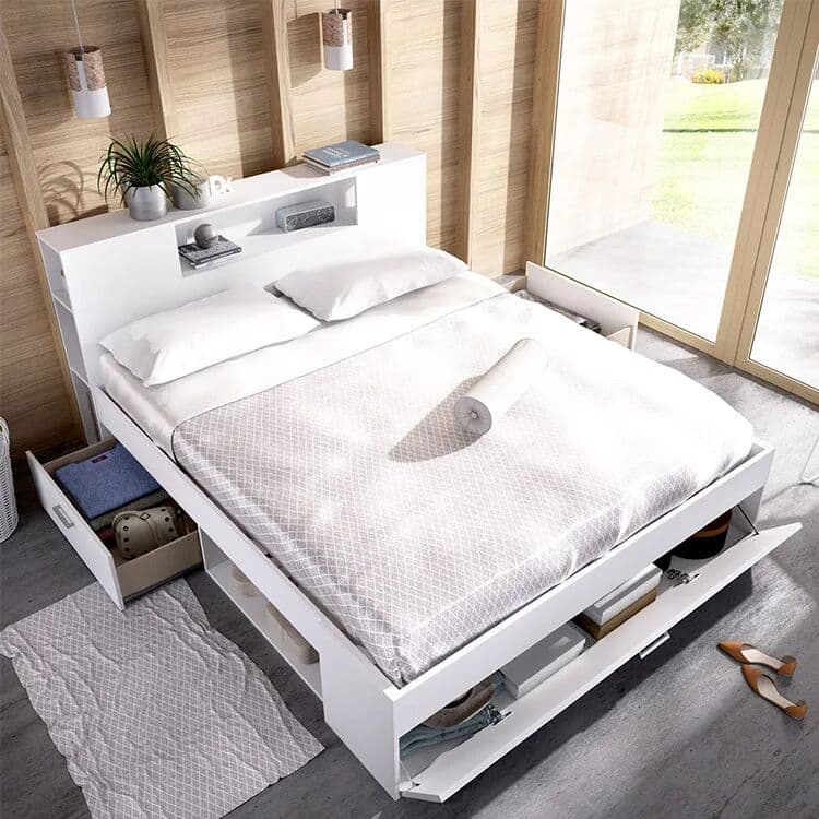 garneroarredamenti Letto matrimoniale 160x200cm con cassettoni e libreria bianco opaco Nolito
