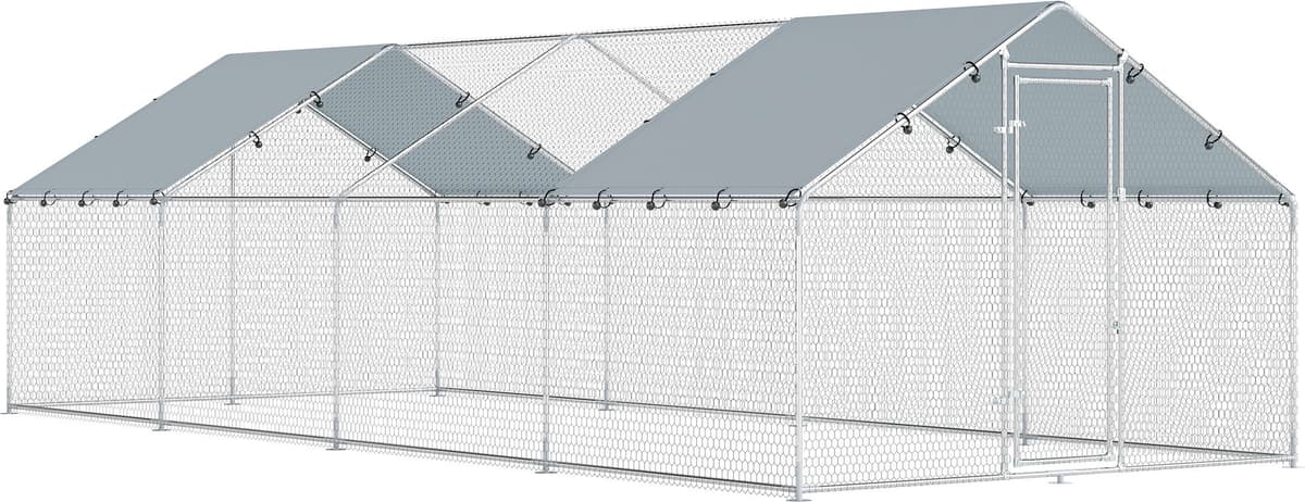 Pawhut Pollaio da Esterno Grande in Acciaio Galvanizzato 680x300x190 cm 20,4 m² con Telo in Tessuto Oxford e Chiusura Argento   Aosom Italy