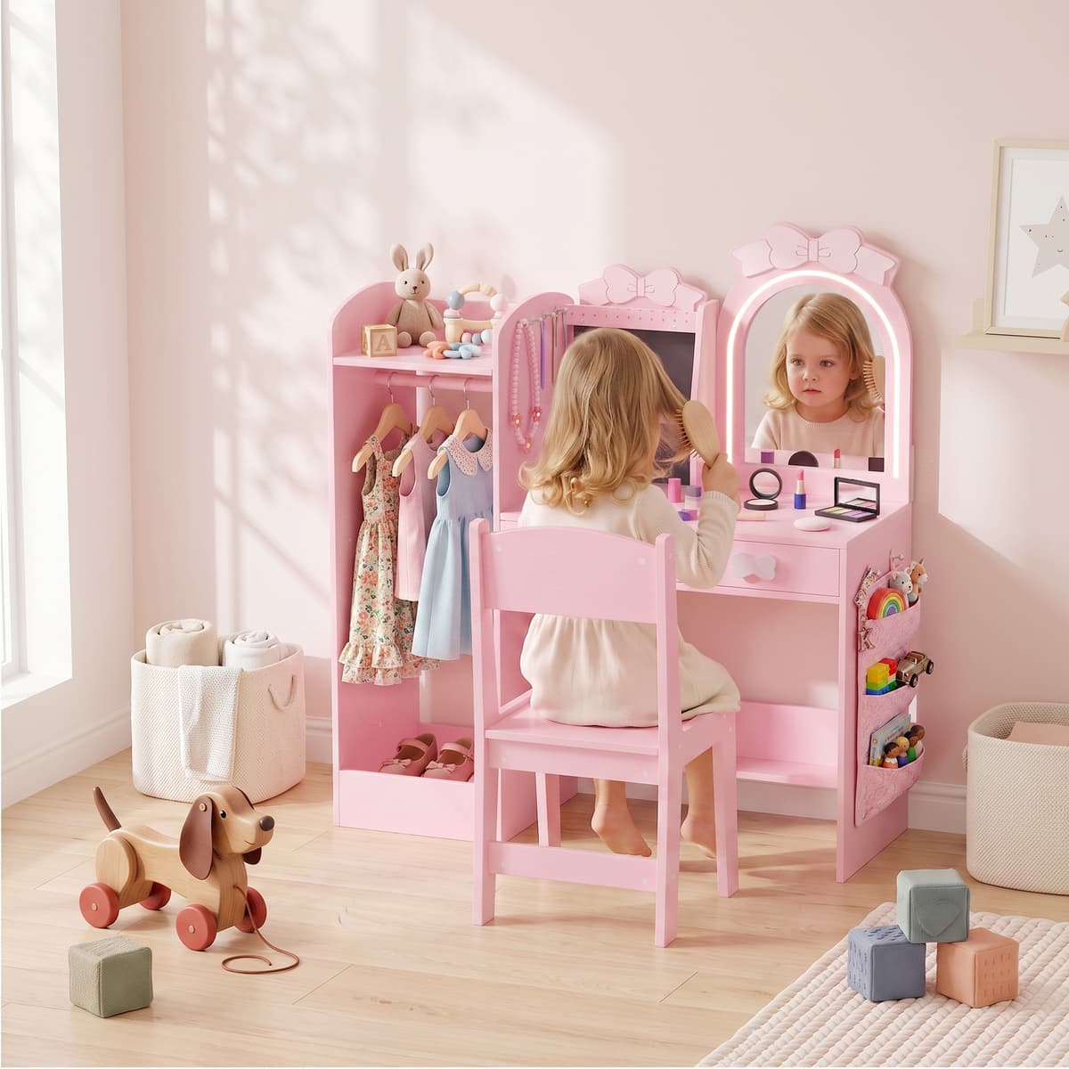 Aiyaplay Toeletta per Bambini 3 in 1 con Sgabello, Specchio con Luci a 2 Colori e Appendiabiti, Rosa, 3-8 Anni   Aosom Italy