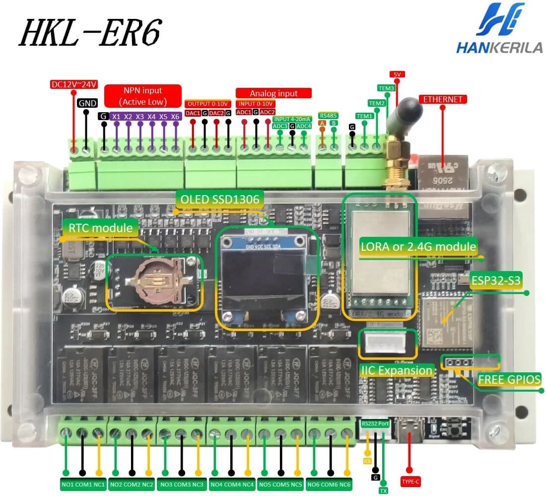 hankerila ESP32-S3 ER6 LORA IIC Relay Board Enables ESPhome and ARDUINO IDE RS485/RS232/0-10V and 4-20ma Input OLED Display Support MQTT