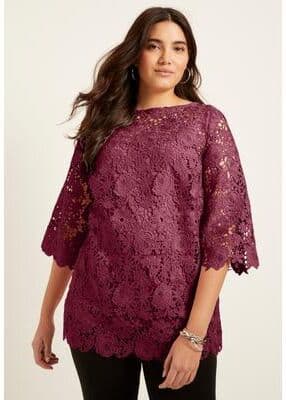 Plus Size Women's Allover Lace Top by June & Vie in Merlot (Size 22 W)