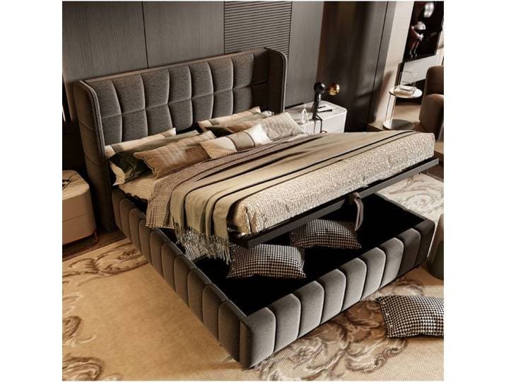 HOMVRA Lit coffre rembourré 180 x 200 cm avec sommier à lattes levage pneumatique tissu gris aspect lin
