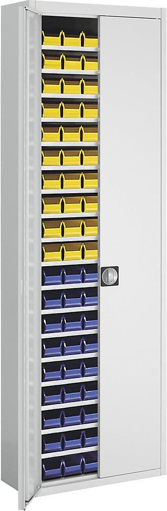 Magazinschrank mit Sichtlagerkästen, HxBxT 2150 x 680 x 280 mm, einfarbig, grau, 114 Kästen mauser