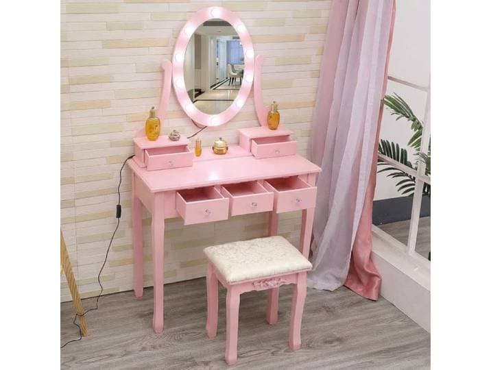 Coiffeuse Rose 80x40x144cm – Miroir LED Ovale 3 Modes Lumière 5 Tiroirs Tabouret Rembourré Inclus