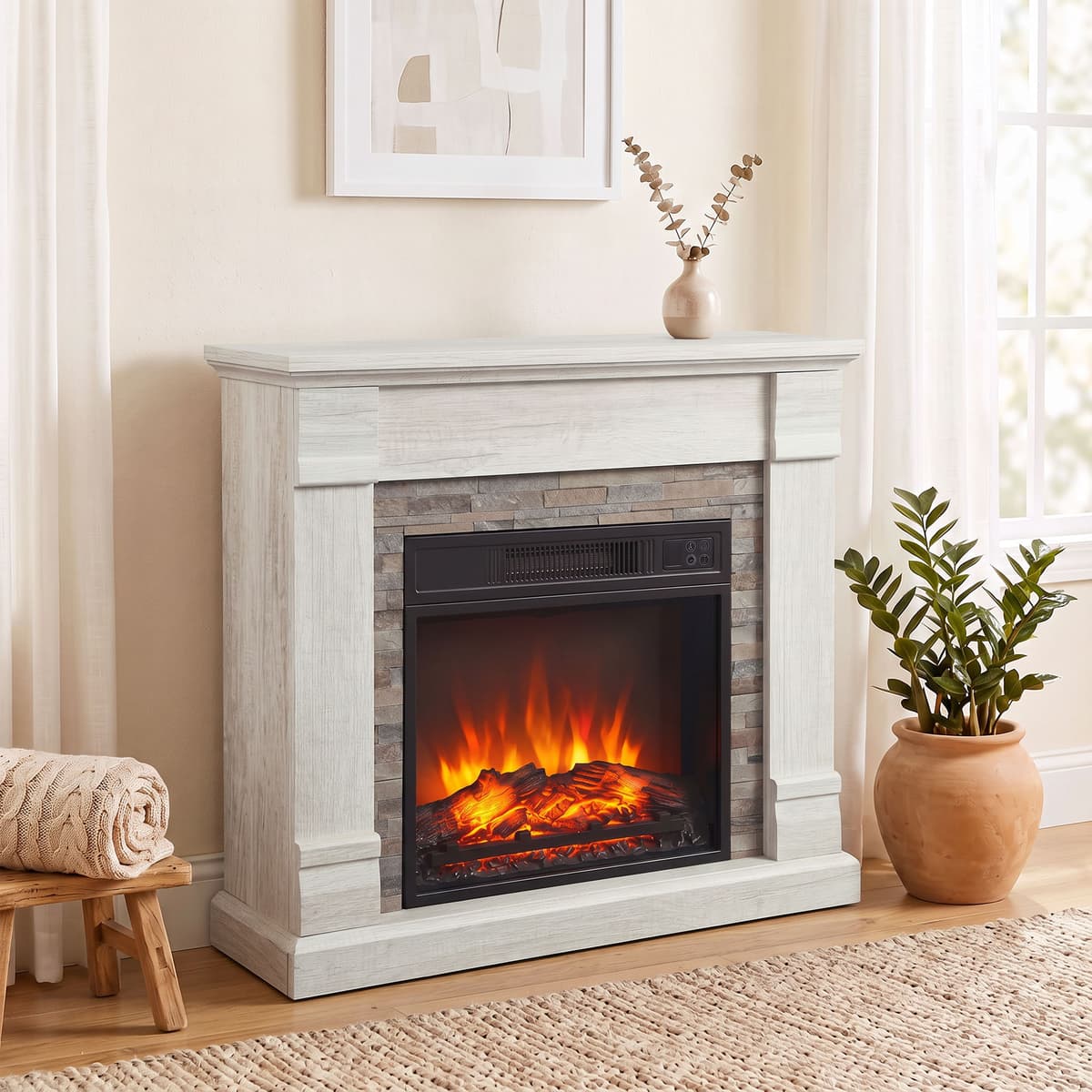 Homcom Camino Elettrico Decorativo 1800W con Effetto Fiamma, Termostato, Timer e Telecomando, Natural   Aosom Italy