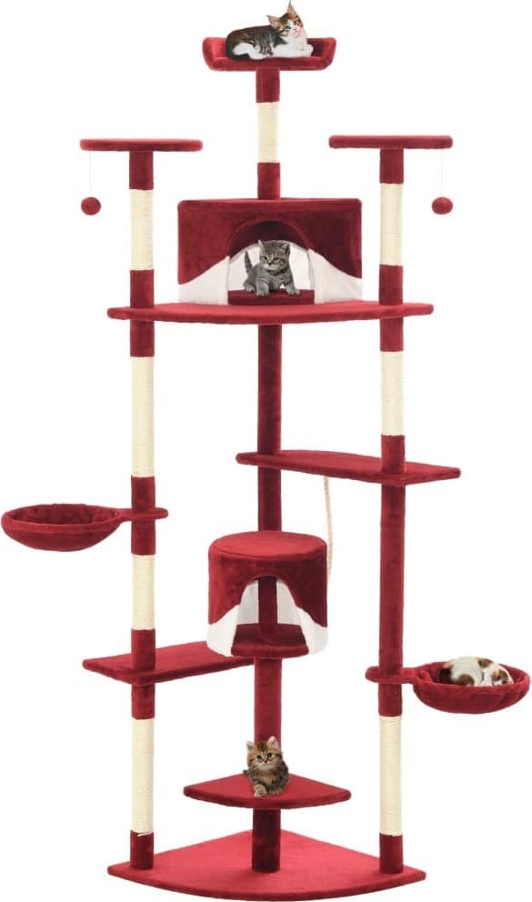 The Living Store kattenboom met sisal krabpalen, rood en wit, Hoogte: 203 cm