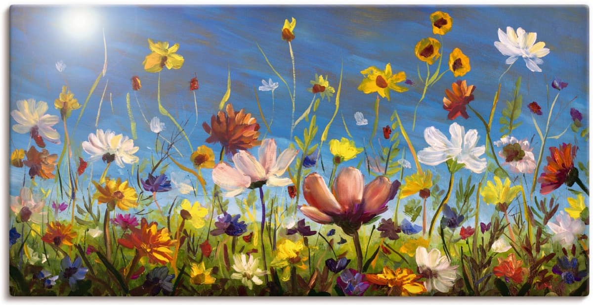 Artland "Wildblumenwiese blauer Himmel" Blumenwiese 1 Stk. tlg. als Leinwandbild, Poster in verschied. Grössen farbe bild(er): bunt B/H/T: 150cm x 75cm, Leinwandbild Blumenwiese Querformat, 1 Stk.