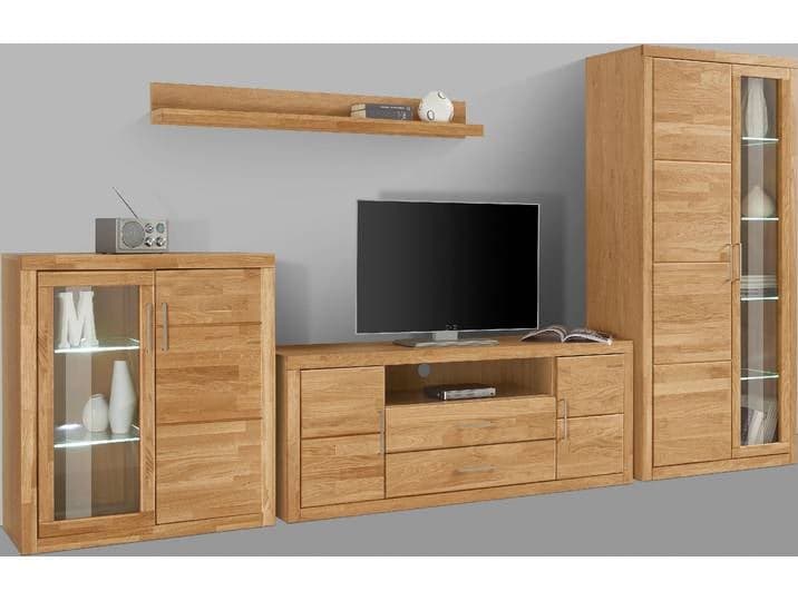 Wohnwand GOODPRODUCT Logo , braun (eiche teilmassiv), Holzwerkstoff eichefarben (Korpus) / Massivholz Eiche (Front), Kastenmöbel-Sets, Wohnwand, teilmassives Holz