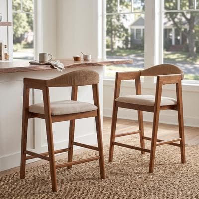 Christopher Knight Home Elaris Rubber Wood Counter Stools with Hand-Woven Rope Backrest and Padded Seat Set of 2