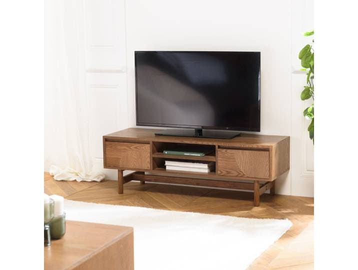 Mario - Meuble Tv Couleur Naturelle 2 Tiroirs Motif Arrondi 2 Niches Mario