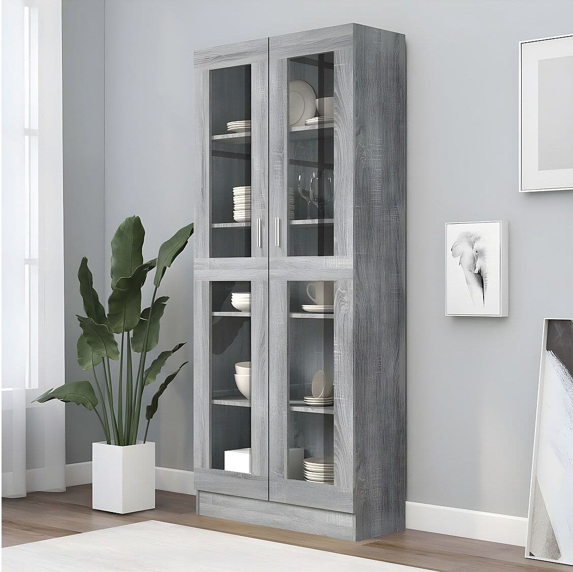 Clicnbuy Vitrina de madera contrachapada gris sonoma 82,5x30,5x185,5 cm