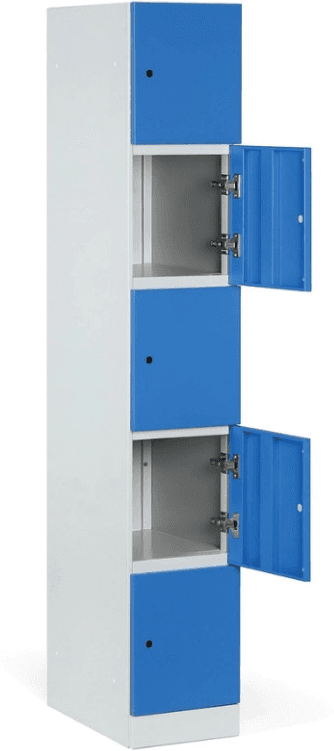 B2B Partner Šatníková skrinka S1 s úložnými boxmi, 5 boxov, 1850 x 300 x 500 mm, demont, otočný zámok, modré dvere