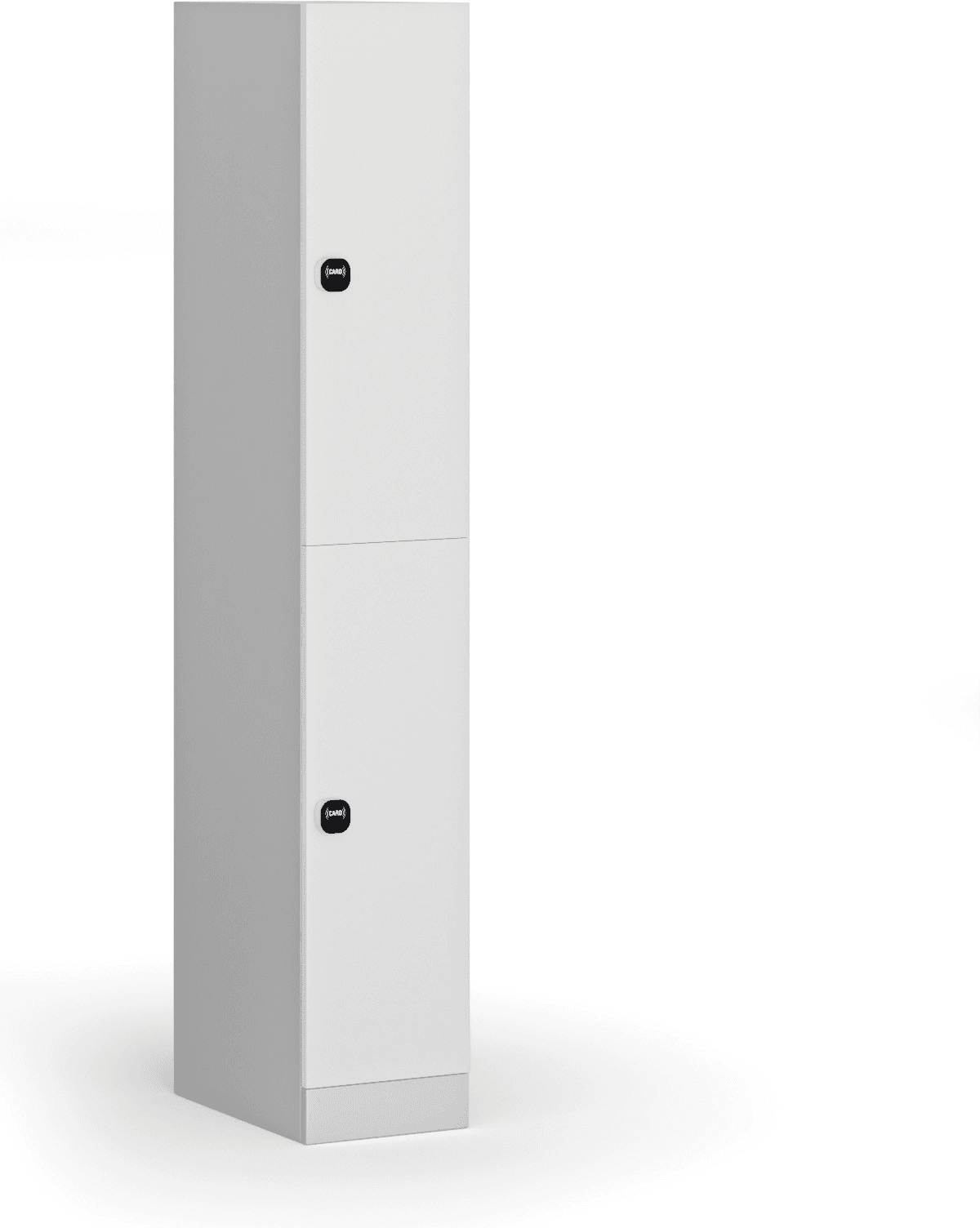 B2B Partner Šatníková skrinka S1 s úložnými boxmi, 2 boxy, 1850 x 300 x 500 mm, demont, zámok s čítačkou RFID kariet, laminované dvere, biela