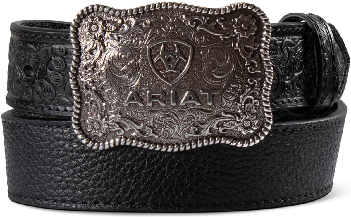 Kid's Floral Tab Belt with Rope Buckle in Black Leather, Size: 28 by Ariat