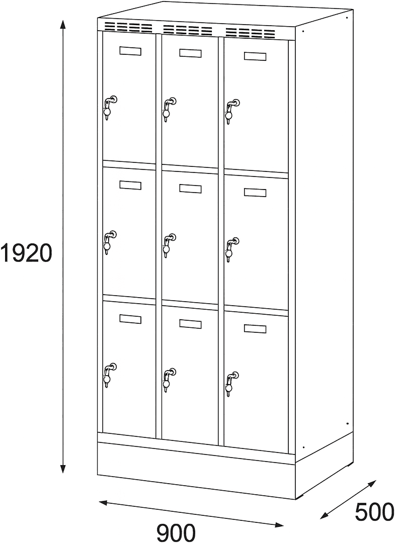 Alfa 3 Szafka skrytkowa S6 na cokole, 9 schowków, 1920 x 900 x 500 mm, zamek cylindryczny, drzwi szare