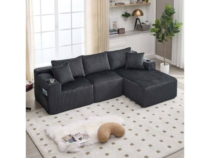 Canapé modulable 3 places - Chaise longue réversible - Velours côtelé gris - Livré monté - Poches latérales & porte-gobelets