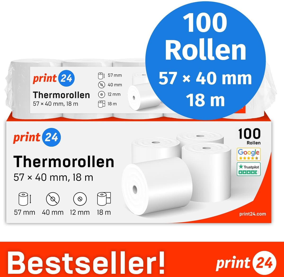 print24 Thermorollen 57 mm x 40 mm x 12 mm, 18 Meter, Thermopapier/Bonrolle/Endlosrolle weiß BPA-frei (PEFC), 100 Stück