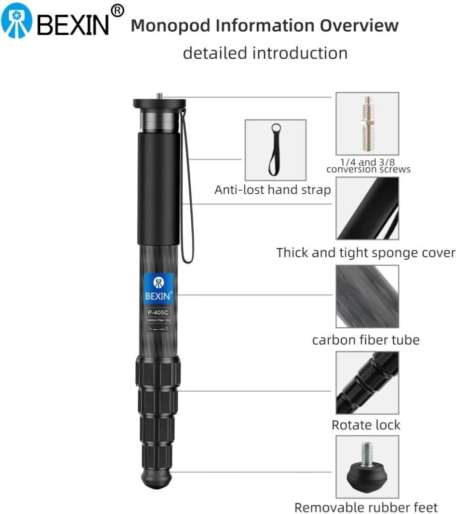 BEXIN P335C/P336C/P365C/P366C/P405C/P406C Carbon Fiber Monopod Travel Shooting Selfie Retractable Portable Camera Bracket