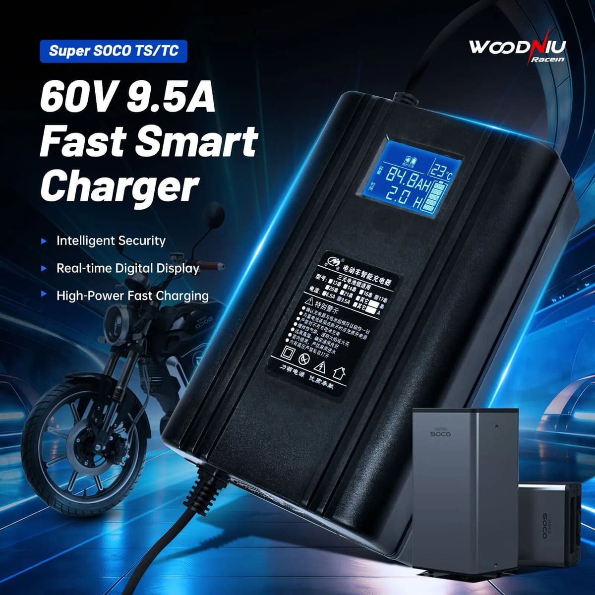 WUNIU For Super Soco TC Max Charger 10A15A Fast Smart Charger Original Plug TS TC Max Charger with Display E-Bikes Motorcycle for SOCO