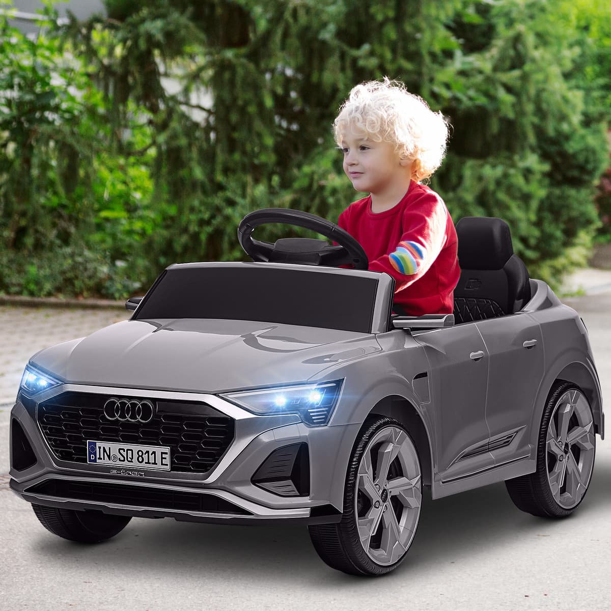 Aiyaplay Auto elettrica per bambini con licenza Audi Q8 e-tron Sportback 12V telecomando, luci, musica, clacson, 3-6 anni Grigio