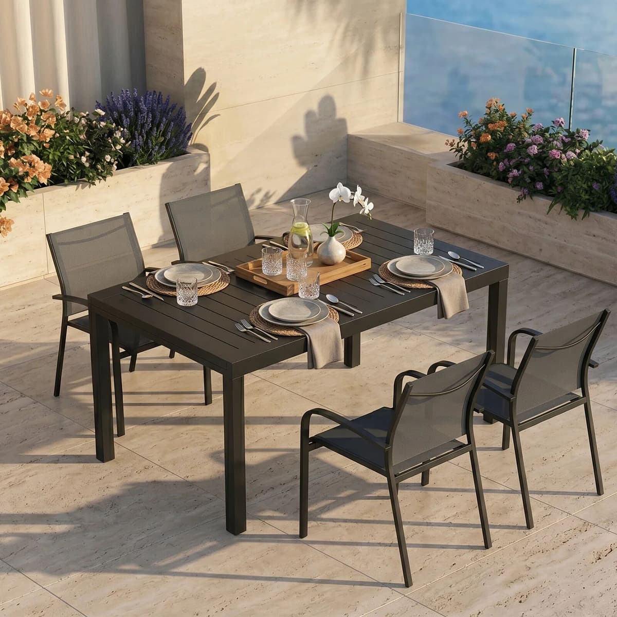 garneroarredamenti Set tavolo da giardino allungabile 160/240cm antracite + 4 sedie con braccioli tondi antracite Brezza