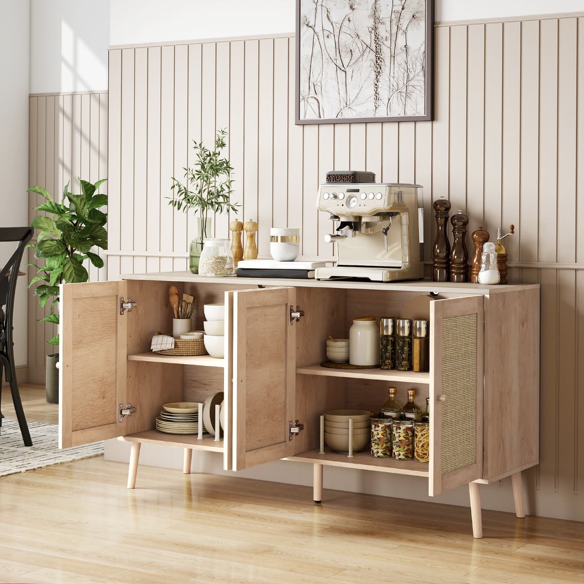 Homcom Credenza con ante in cannage e ripiano regolabile, 140x40x75 cm, effetto legno naturale   Aosom Italy