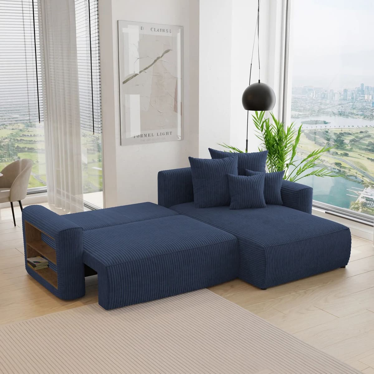 garneroarredamenti Divano letto angolare reversibile 260x160cm velluto a coste con libreria a sinistra blu Mistery