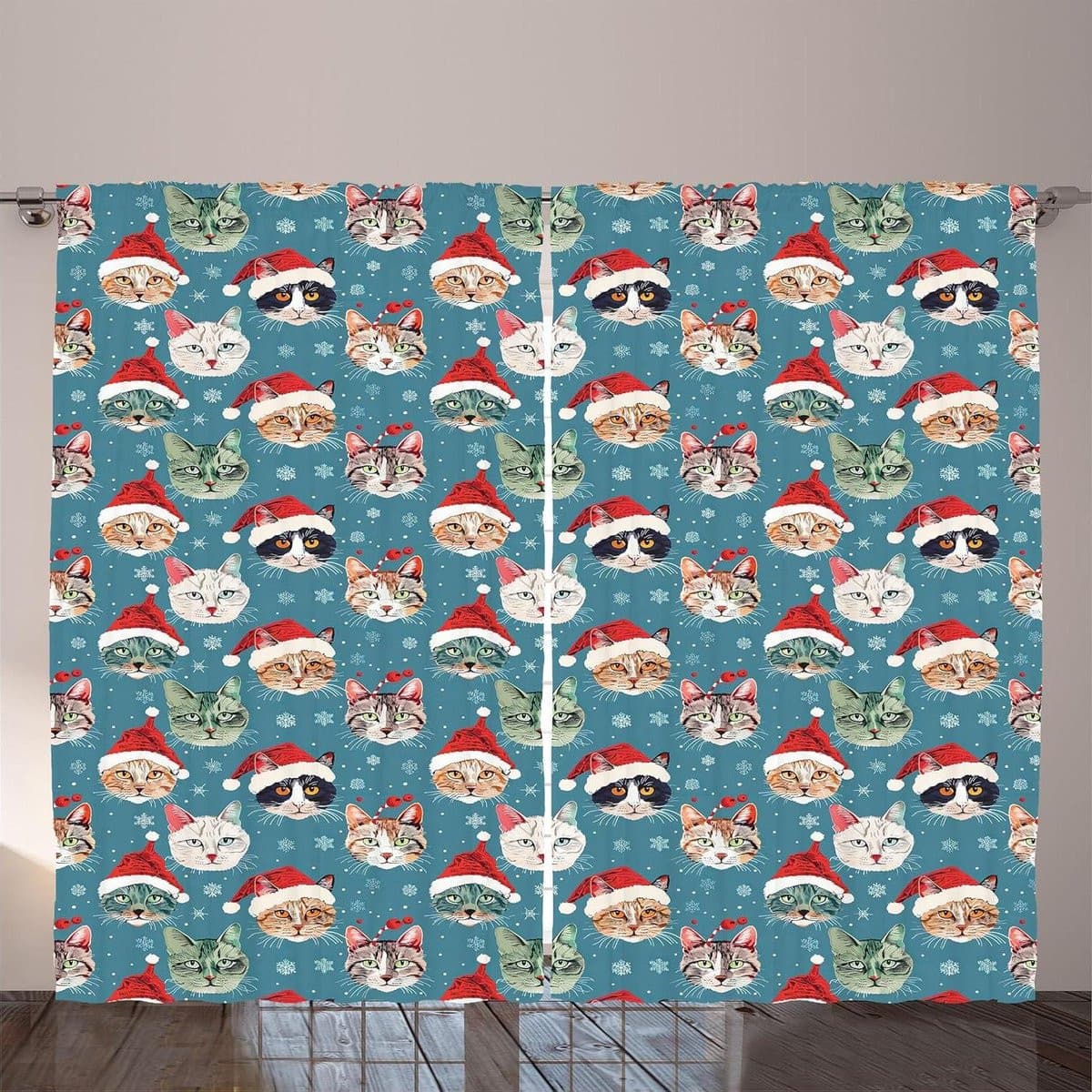 Rustieke Gordijnen Kerstelfen Katten Blauwgrijs Vermiljoenrood 280 x 260 cm