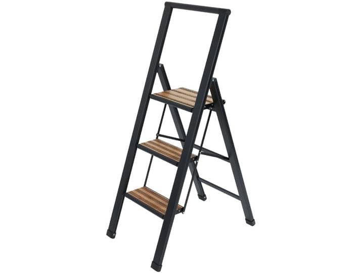 Trittleiter WENKO Modell Alu-Design , schwarz (schwarz, schwarz), B:44cm H:127cm L:5,5cm, Aluminium, Kunststoff, Leitern, Trittleiter, rutschsichere XXL-Stufen, robustes Aluminium in Kombination mit Bambus, Topseller