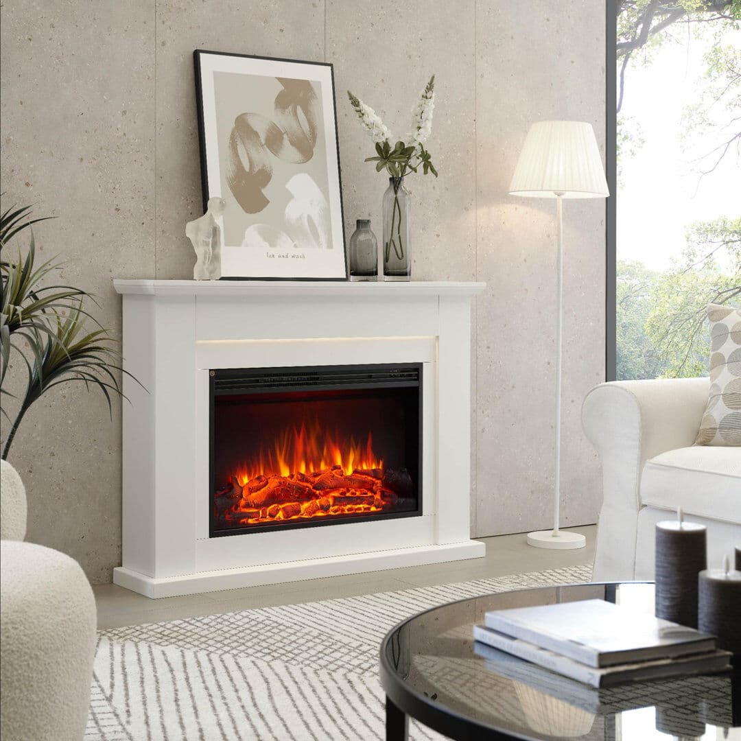 FLAMME 48" Electric Fire and Surround, Freestanding Suite, Ingleton White 88cm H X 121cm W X 25cm D