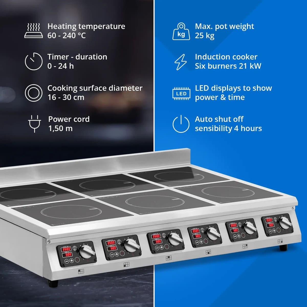 Indukční vařič - 6 x 28 cm - 60 až 240 °C - 400 V - časovač - Royal Catering RCIC-6006T