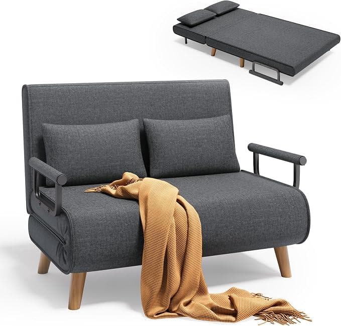 Schlafsofa 2-Sitzer mit Bettfunktion, Schlafsessel mit Bettfunktion mit Verstellbarer Rückenlehne und 2 Kissen, Sessel mit schlaffunktio für kleine Wohnung (Dunkelgrau)