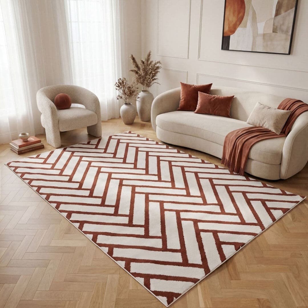 THE RUGS Loft Modern Chevron Living Room Area Rug and Runner Soft Pile Orange/Ivory Rectangle 200 x 290 cm
