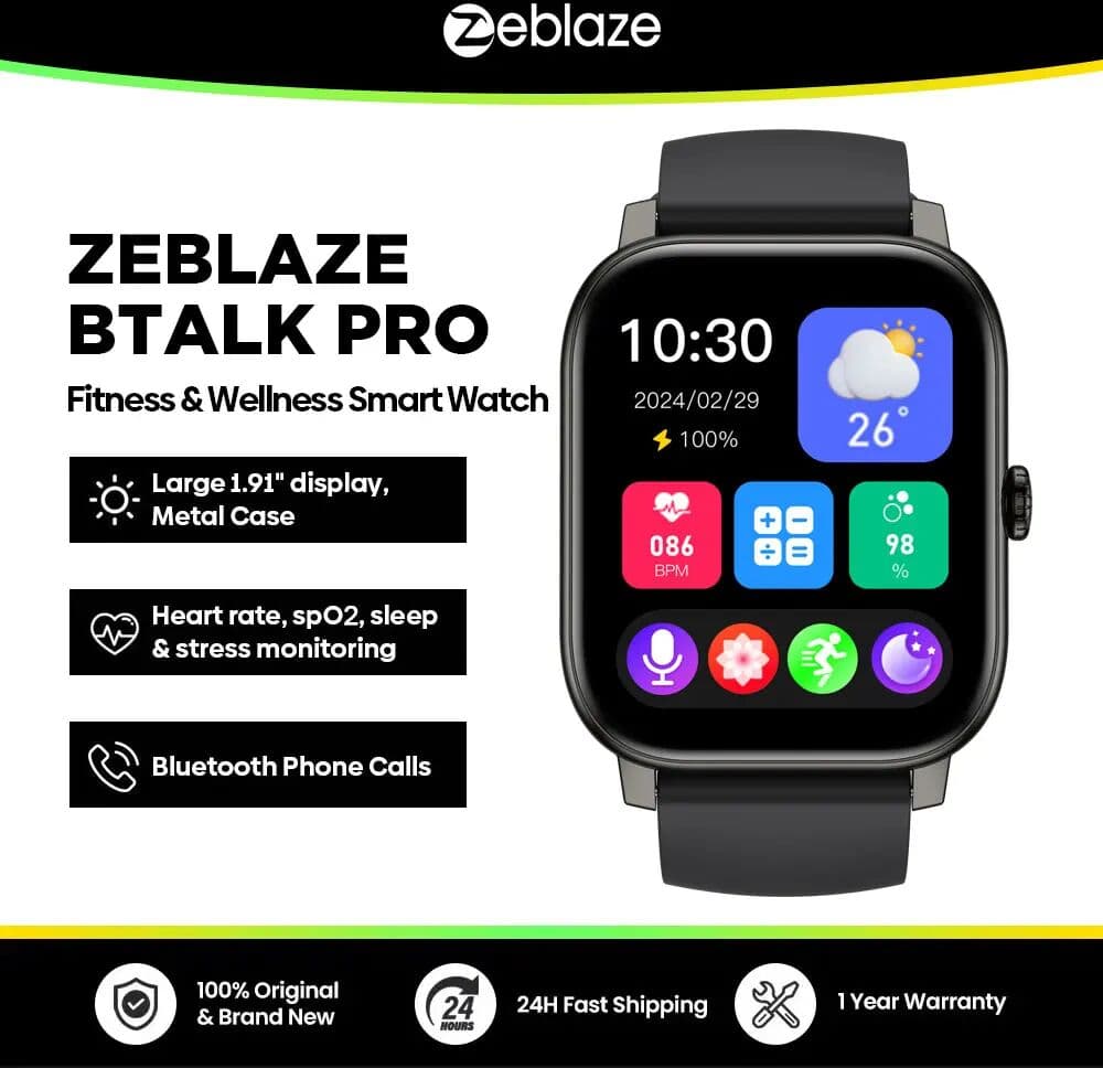 Zeblaze Btalk PRO Voice Calling Smart Watch 1.91'' HD Display Heart Rate SpO2 & Stress Monitor Multiple Sports Modes Smartwatch