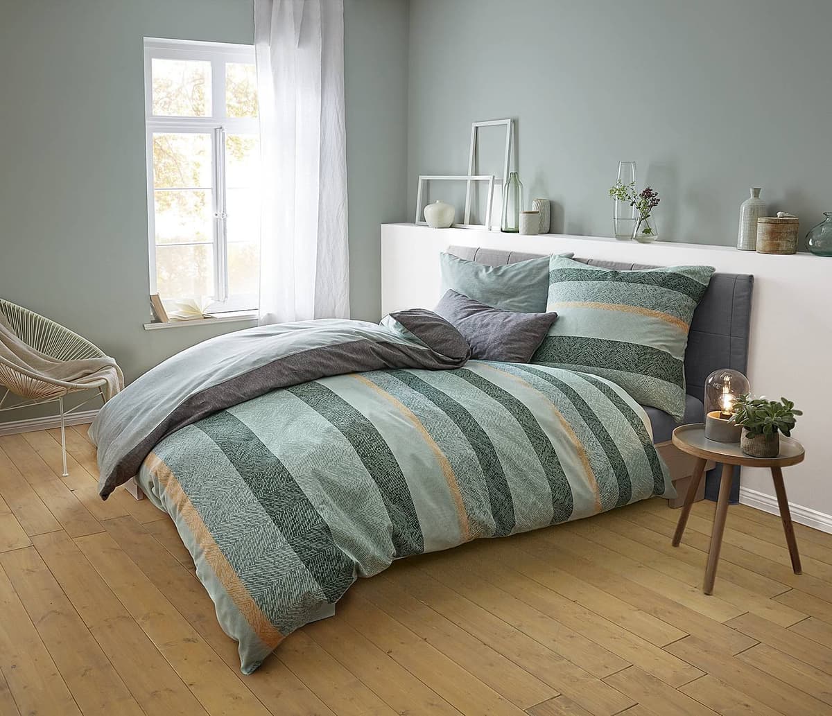 home24 Gwen Mako-satijnen beddengoed groen/beigegroen gestreept 155 x 220 cm