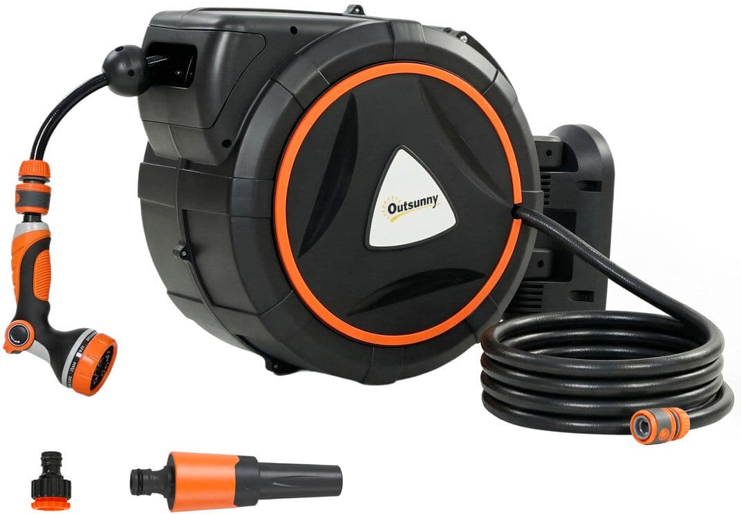Outsunny Retractable Hose Reel Wall Mounted Auto Retraction 23+2m Orange Orange 50cm H X 55cm W X 31cm D