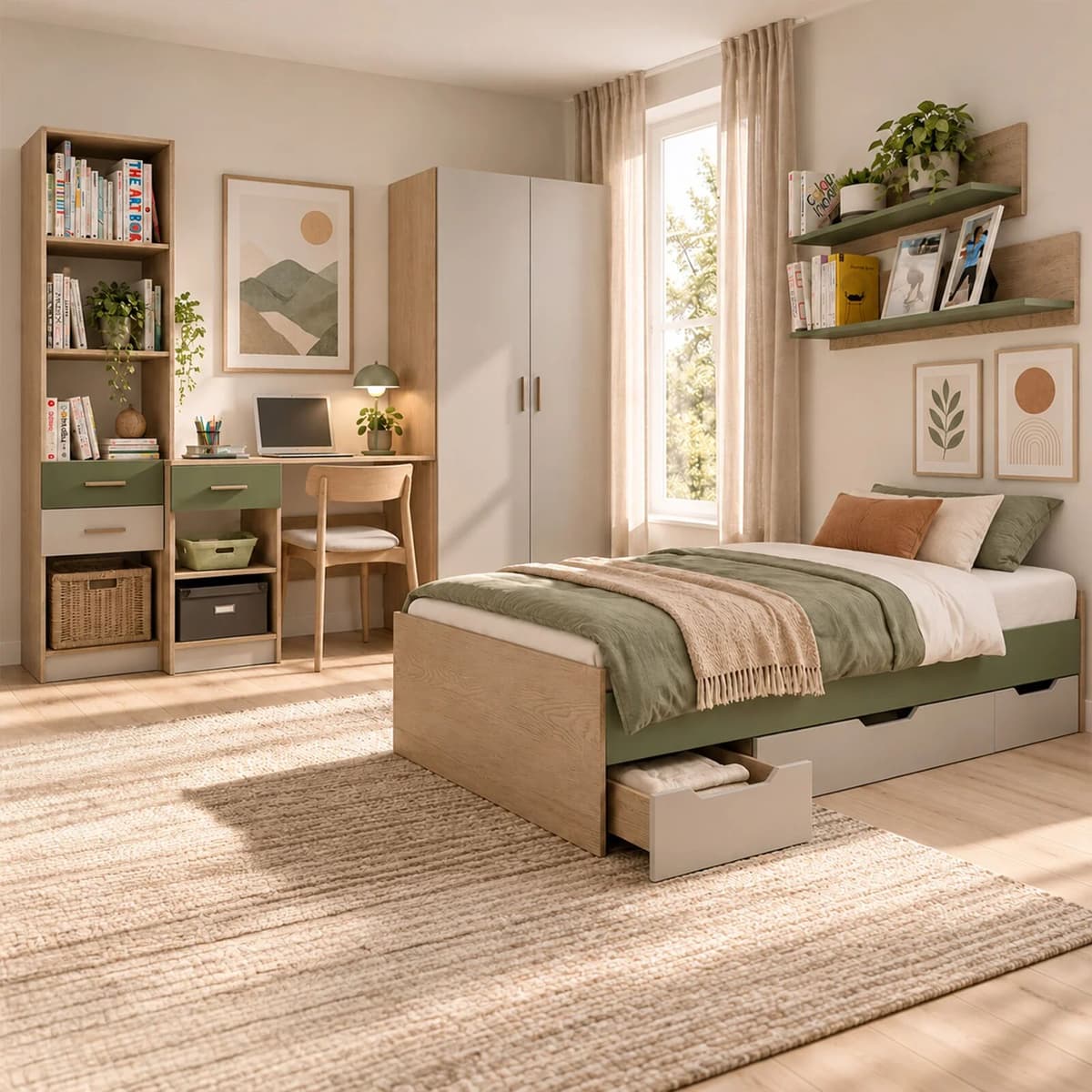 garneroarredamenti Cameretta per bambini completa 1 letto con cassettoni rovere beige verde salvia Kabala