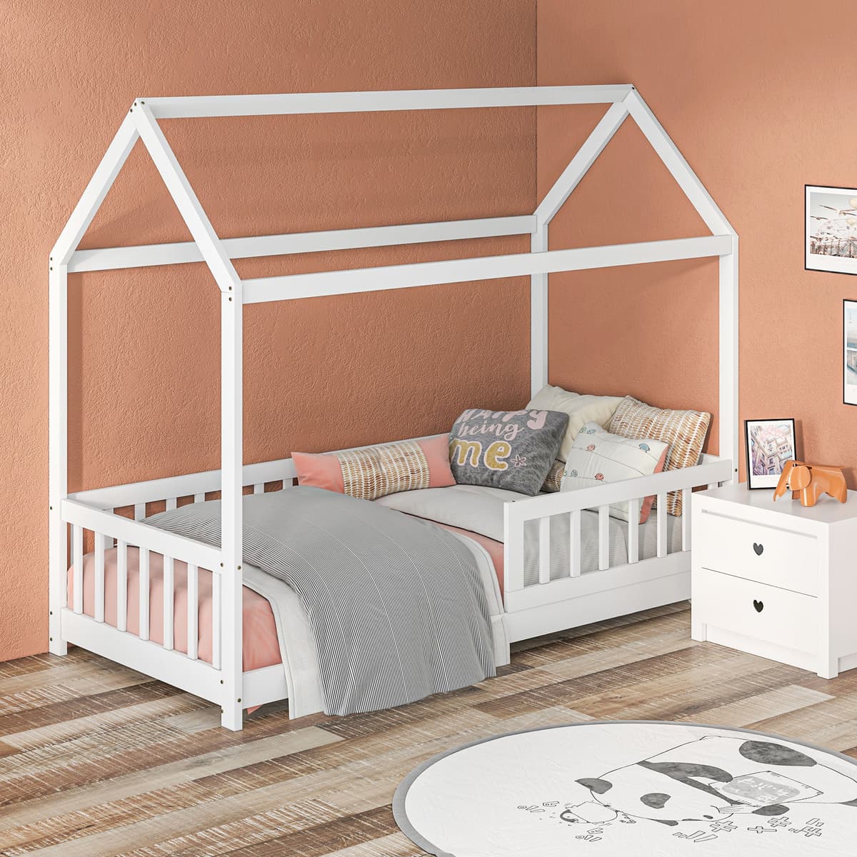 Homcom Letto per Bambini Casetta in Legno di Pino con Doghe e Recinzione Sicura per Stanza dei Bambini 96x195x165 cm Colore Bianco Aosom