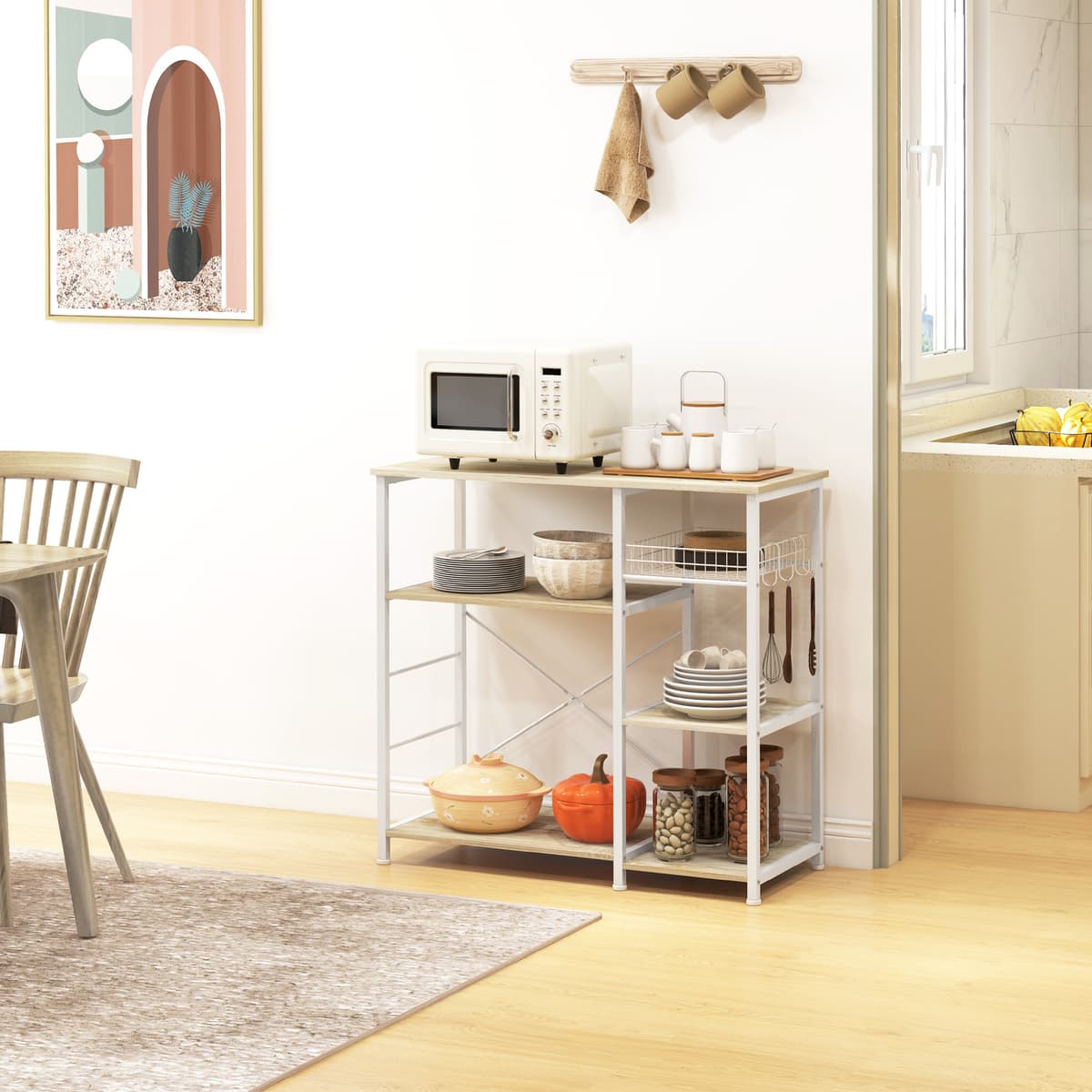 Homcom Mobile Cucina Moderno a 4 Ripiani con Cestino e Ganci in Legno e Acciaio, 90x40x84.5cm, Quercia e Bianco