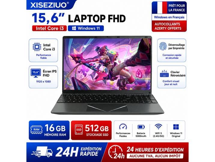Ordinateur Portable 15.6 Pouces Full HD IPS Intel Core i3 Windows 11 Pro 16 Go RAM 512 Go SSD WiFi 5 Bluetooth 5.0 Français Film de protection du clavier Empreinte Digitale PC Portable Étudiant