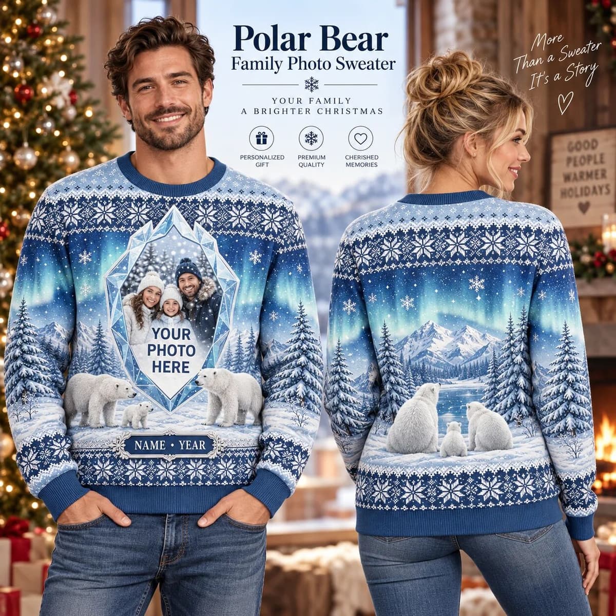 NONE Polar Bear Family Ugly Christmas Sweater, Custom Photo Holiday Sweaters With Polar Snow Art Personalized Xmas Gifts Idea