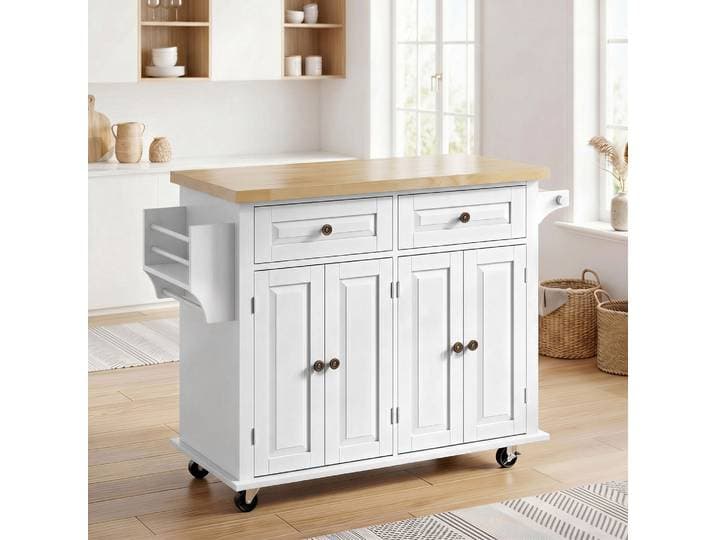 HOMCOM Îlot Cuisine Blanc 111x44,5x82,5cm Roulettes Hévéa