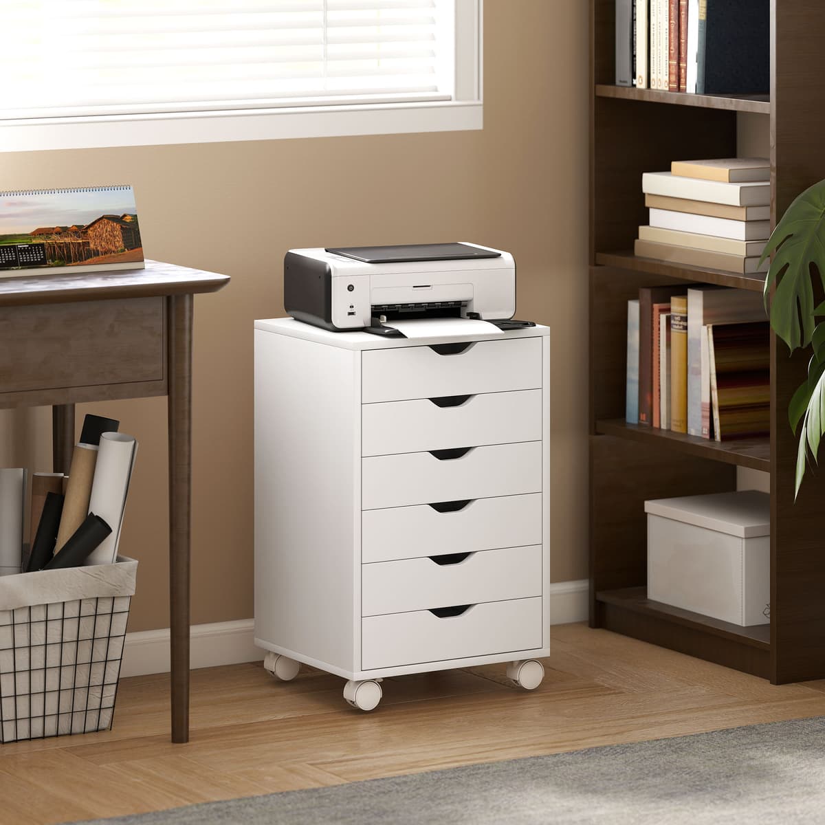 Homcom Cassettiera da Ufficio a 6 Cassetti con 4 Ruote e Blocco, Mobile Moderno in legno truciolare, 40x35x63 cm, Bianco   Aosom Italy