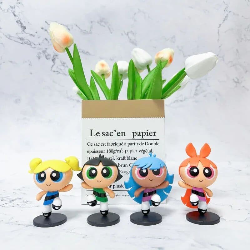 the Powerpuff Girls Cartoon Anime The Powerpuff and Girls Series 4PCS Figure Kawaii Creativity Character PVC Model Desktop Toy Women Birthday Gift