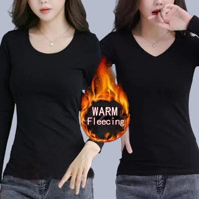 Uplifted Finds O Neck Long Sleeve Fleece Heating Fiber Thermal T Shirt Women Winter Bottoming Cropped Top Casual Skinny All Match xl 2 pcs F