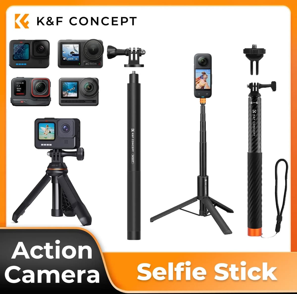 K&F CONCEPT Selfie Stick Tripod for DJI Osmo Pocket 4 3 Action 6 5 Insta360 X5 X4 Gopro Action Camera Tripod Stand Accessories