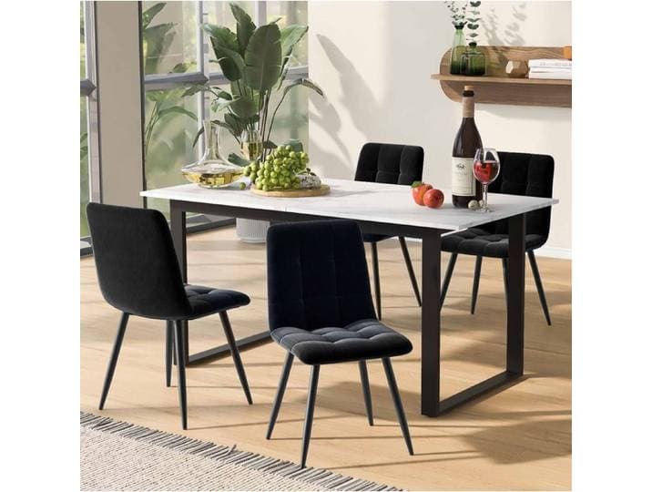 MEUVYX Table de salle à manger pour 4 personnes avec table extensible et 4 chaises MDF blanc velours noir Cuisine