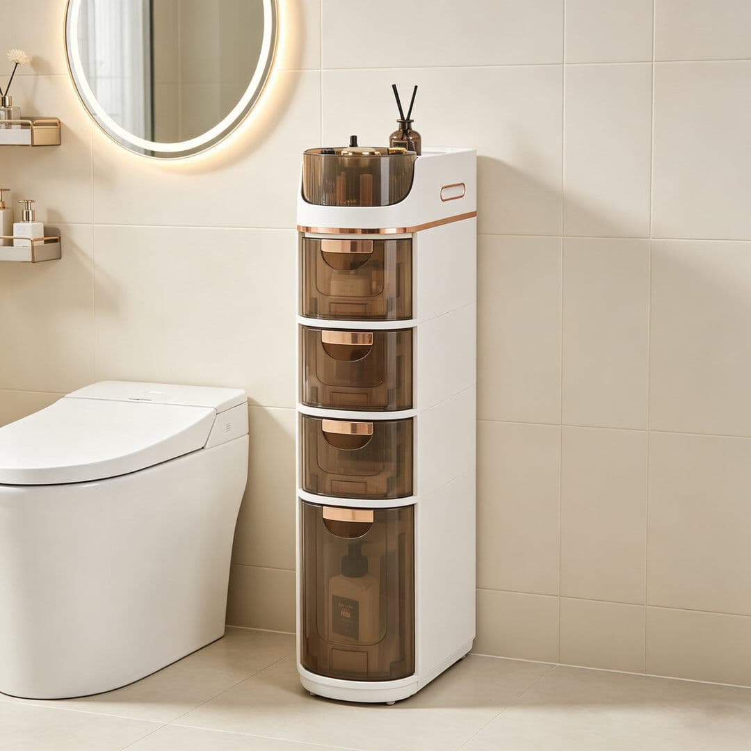 Lark Manor 4-Tiers Slim Bathroom Storage Cabinet With Wheels, Skinny Bathroom Storage Cabinet With Drawers, Toilet Paper Holder, Movable Narrow Floor Cabinet For Natural 88.5cm H X 17cm W X 41cm D